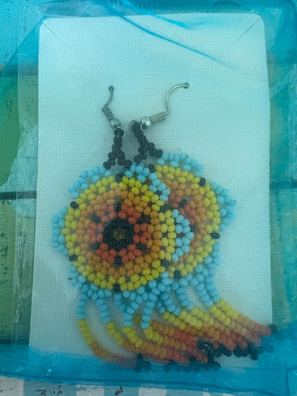 Blue, Yellow & Orange Beaded Dangle Earrings